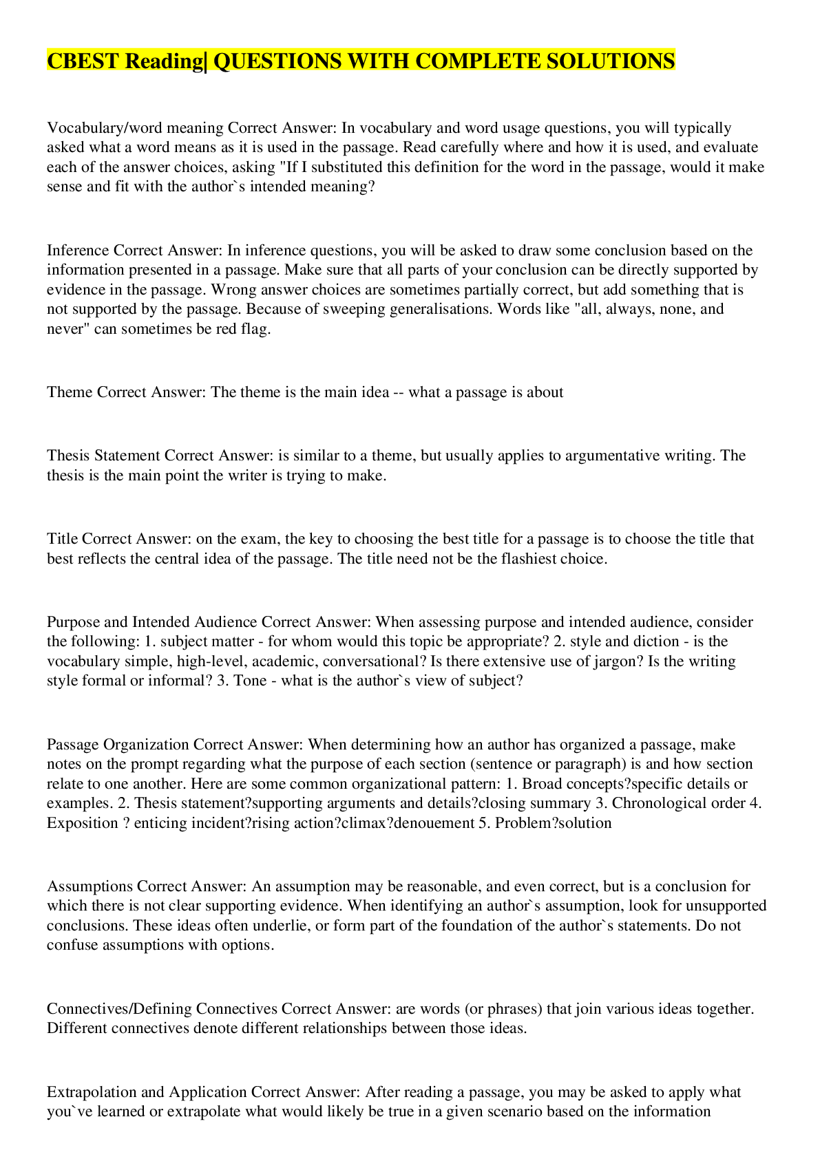 Preview image for CBEST Reading| QUESTIONS WITH COMPLETE SOLUTIONS